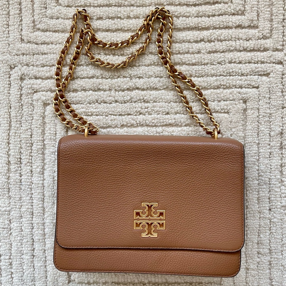 Tory Burch Britten Moose Brown Gold Hardware Adjustable Shoulder Bag